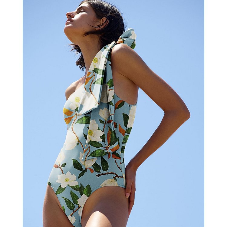Chic Off-Shoulder Bow Tie Strap One-Piece Swimsuit Set for Women