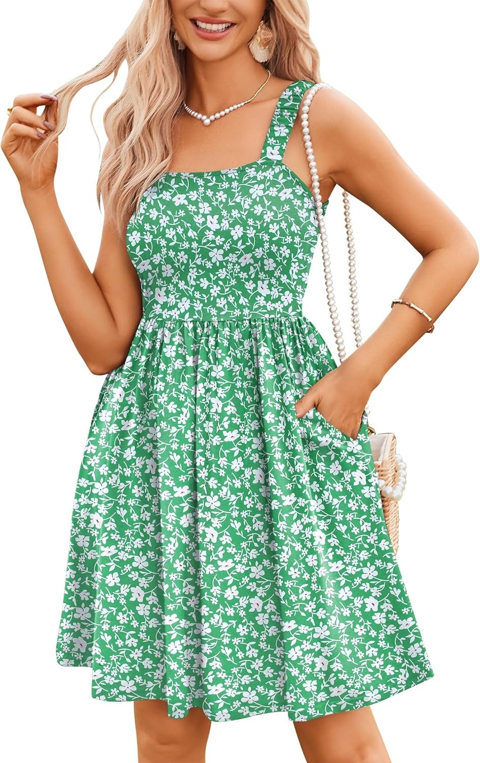 ✨Women's Summer Square Neck A-Line Mini Dress with Pockets