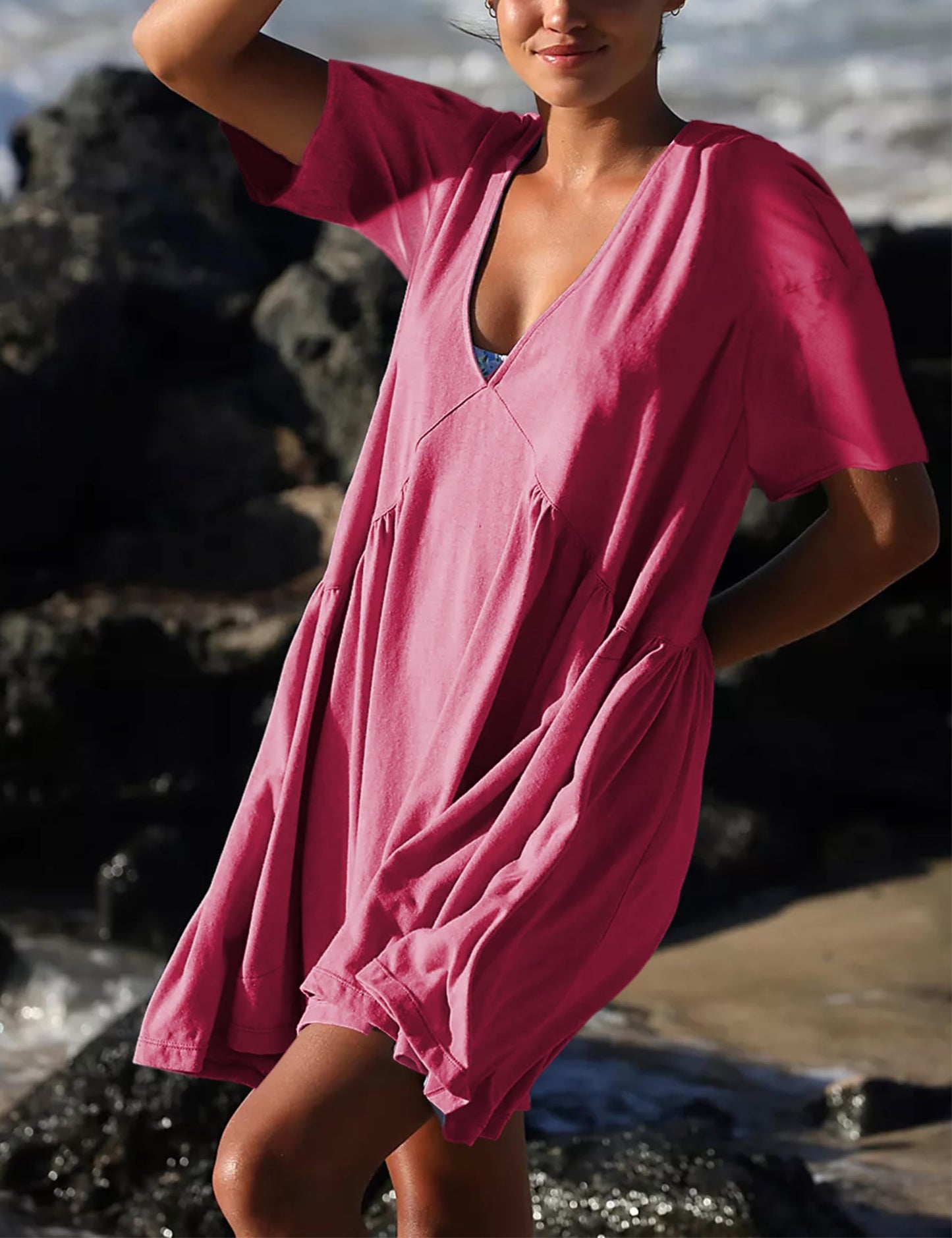 Womens Summer Mini Dress Casual Short Sleeve Loose V Neck