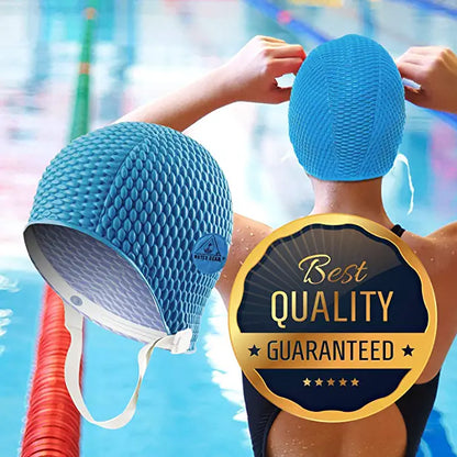 Water Gear Natural Rubber Bubble Swim Cap With Strap - Blue
