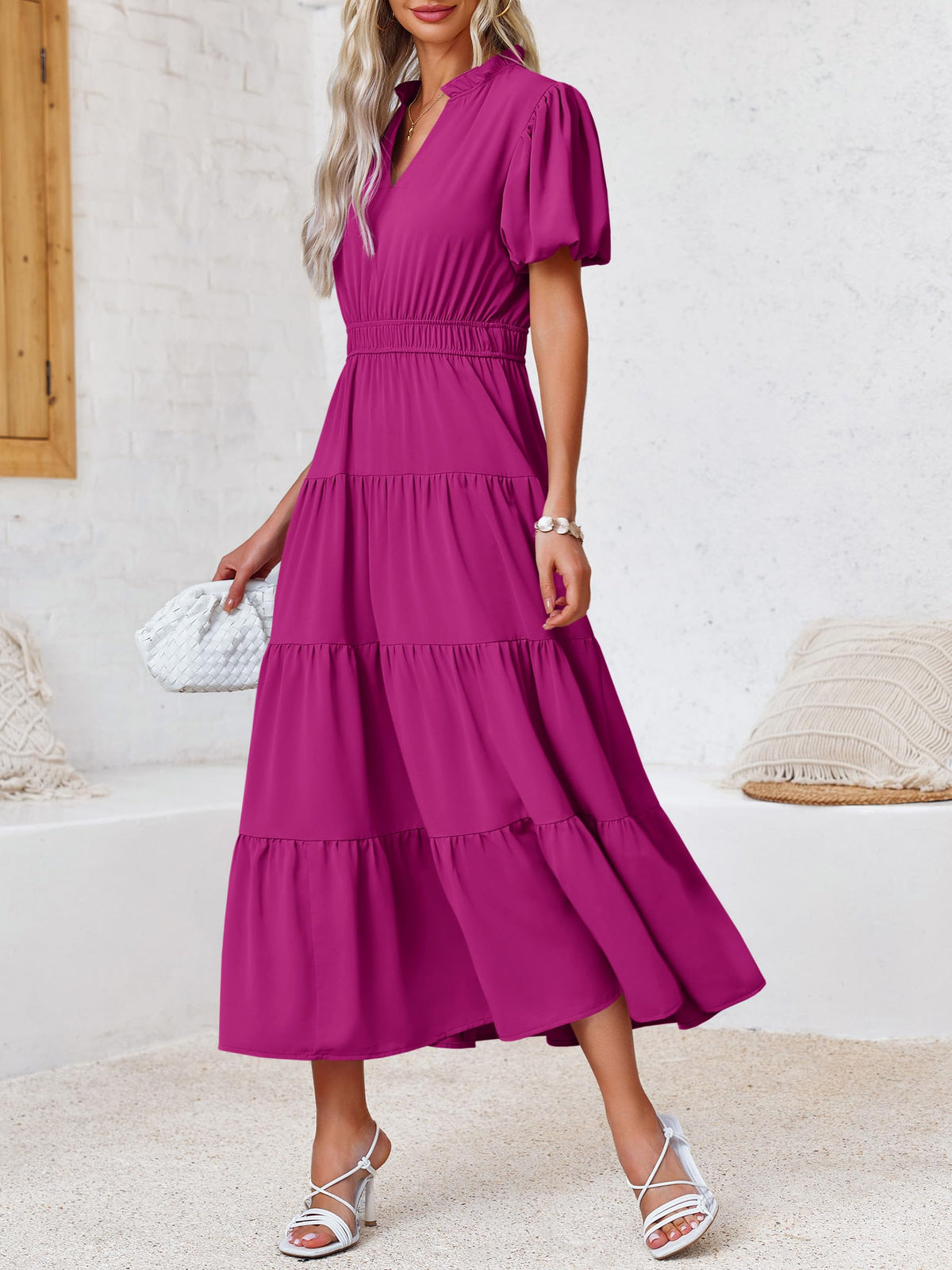 Puff Short Sleeve V Neck Flowy Tiered Beach A-Line Dresses