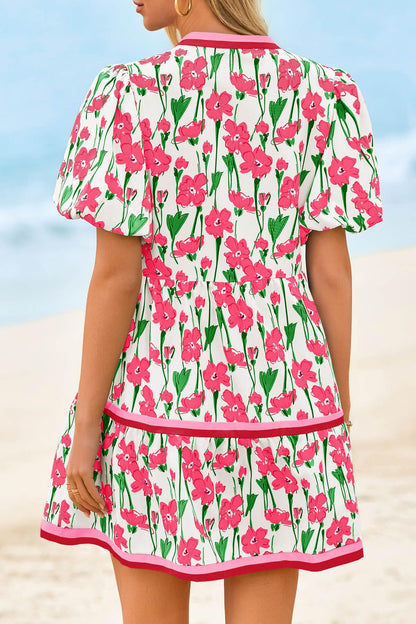 Womens V Neck Floral Mini Dress Short Puff Sleeve Patchwork