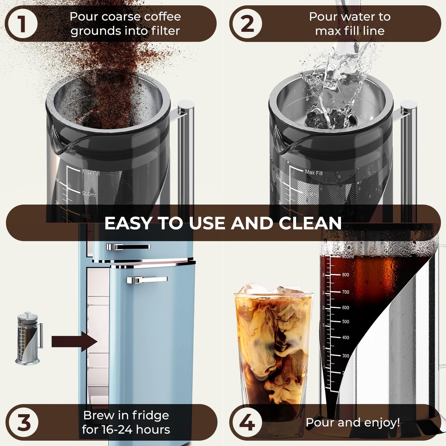 Cafe Du Chateau Cold Brew Coffee Maker - 34oz Airtight Iced Coffee & Tea Pitcher with Measuring Label, Stainless Steel Filter, Ideal for Fridge Storage
