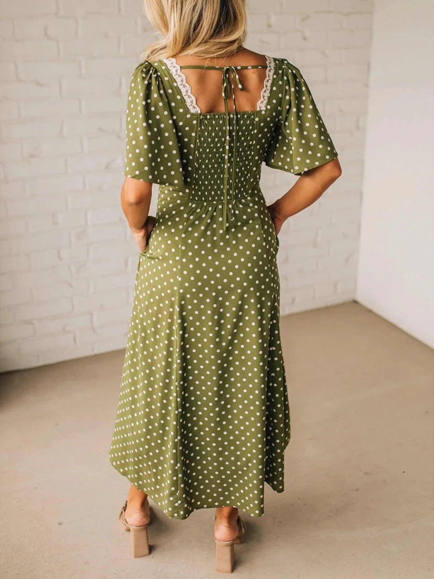 HOT SALE Women's Polka Dot Lacy Neckline Smocked High Waist Maxi Dress
