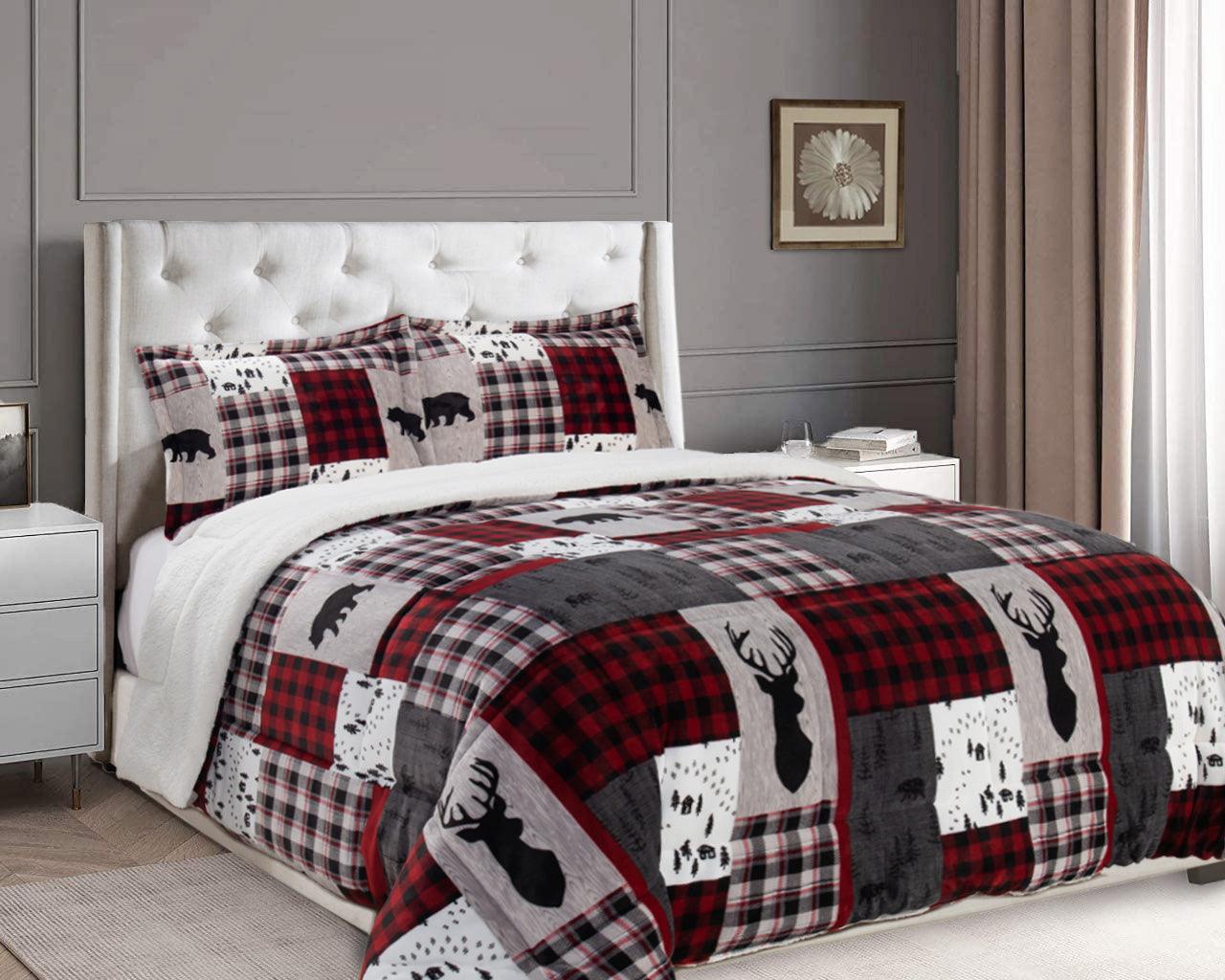 Elegant Comfort 3-Piece Patch Micro-Suede Reversible Sherpa - Comforter Set