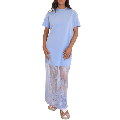 Women's Oversized T-Shirt Maxi Dress with Sheer Lace Hem Drop