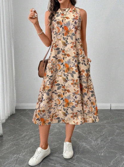 Floral Print A-Line Midi Dress with Pockets | Boho Vintage