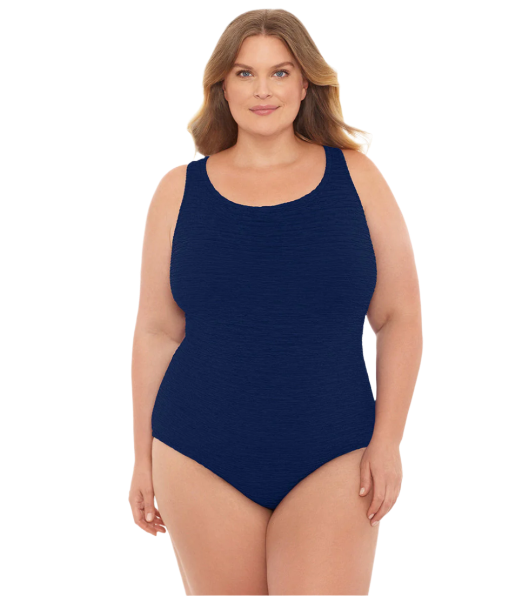 Penbrooke Krinkle Plus Size Chlorine Resistant Cross Back One Piece Swimsuit - Navy