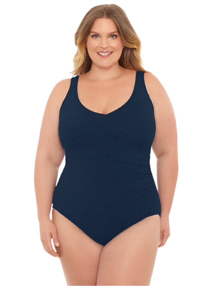 Penbrooke Krinkle Plus Size Chlorine Resistant Mock Surplice One Piece Swimsuit - Navy Blue