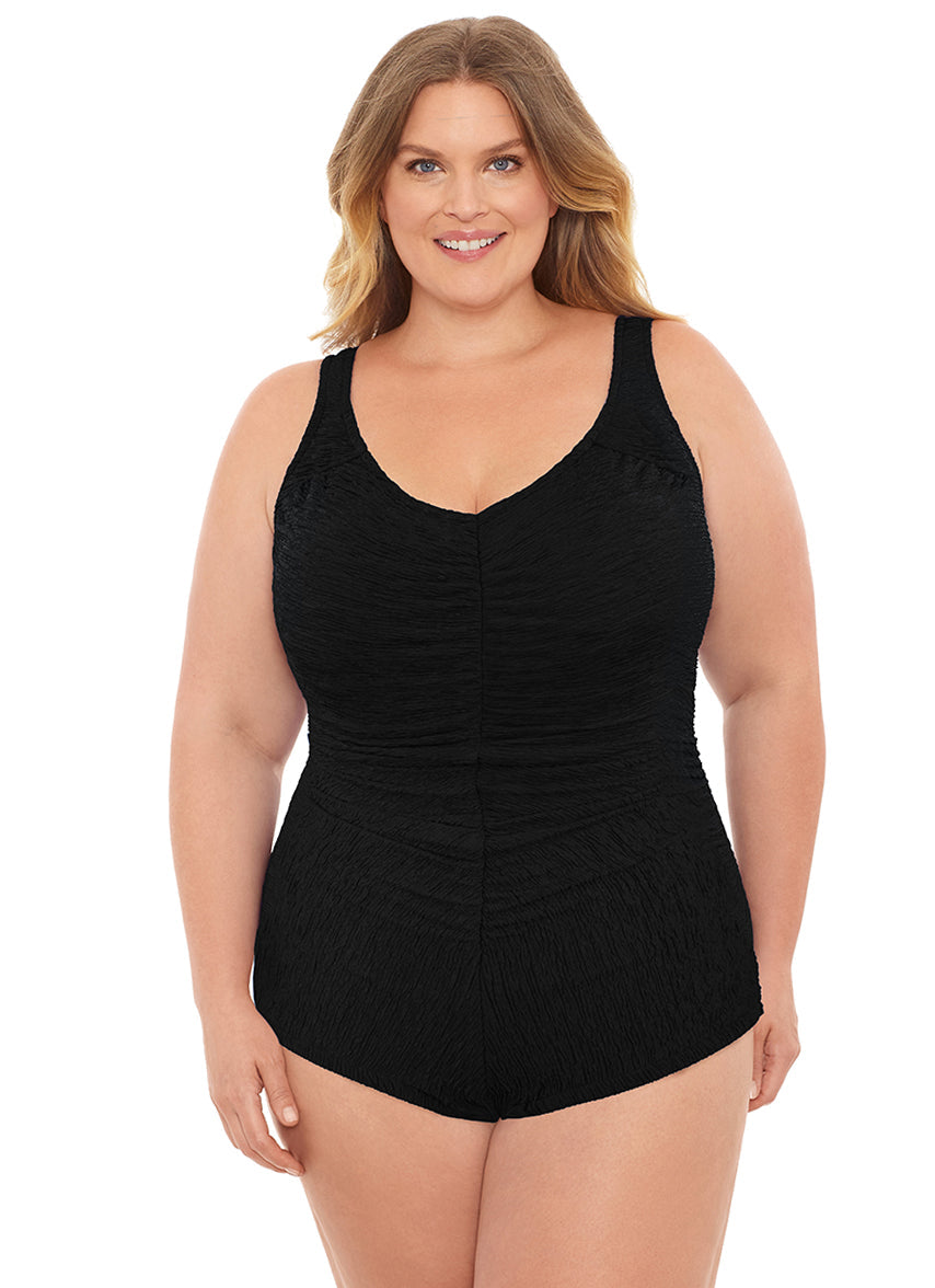 Penbrooke Krinkle Plus Size Shirred Girl Leg Chlorine Resistant One Piece Swimsuit - Black