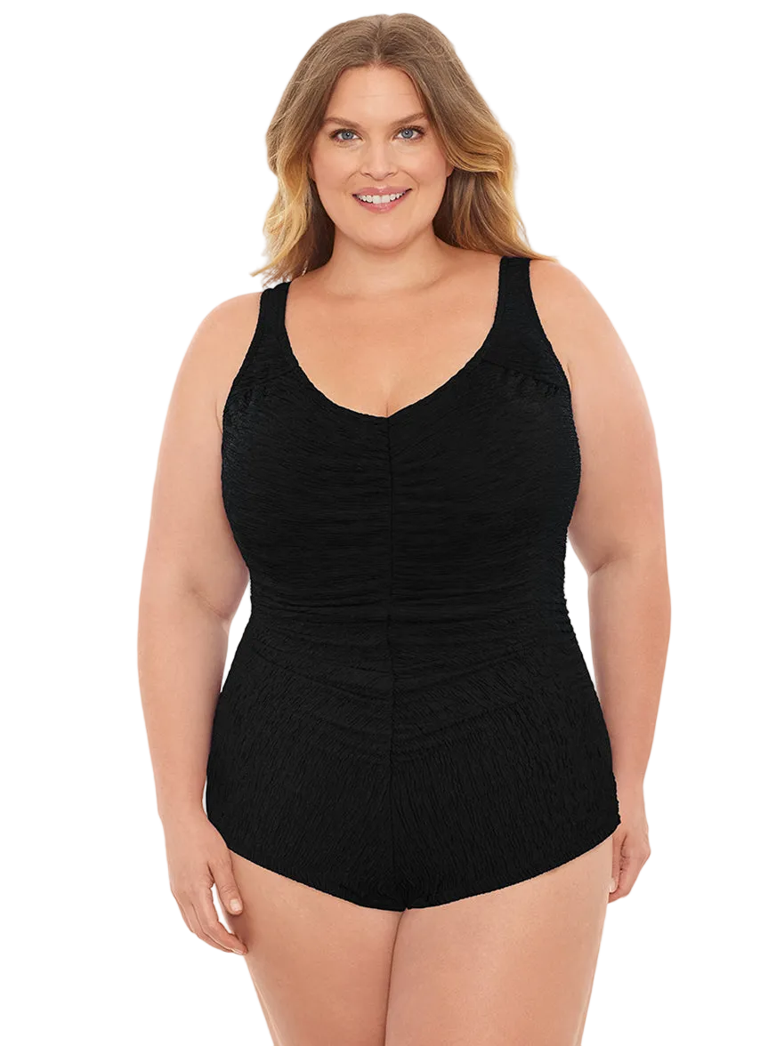 Penbrooke Krinkle Plus Size Shirred Girl Leg Chlorine Resistant One Piece Swimsuit - Black
