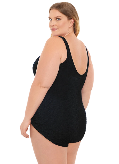 Penbrooke Krinkle Plus Size Shirred Girl Leg Chlorine Resistant One Piece Swimsuit - Black