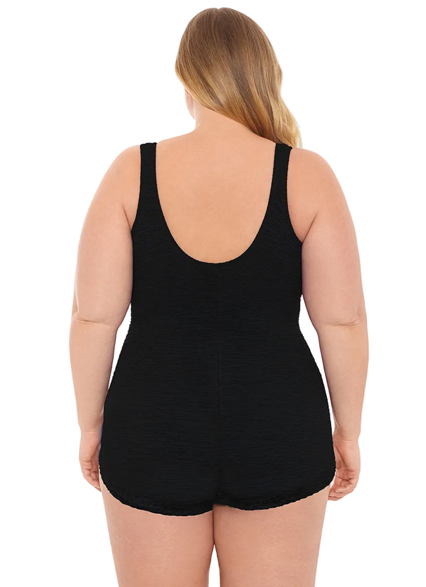 Penbrooke Krinkle Plus Size Shirred Girl Leg Chlorine Resistant One Piece Swimsuit - Black