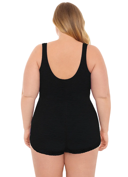 Penbrooke Krinkle Plus Size Shirred Girl Leg Chlorine Resistant One Piece Swimsuit - Black