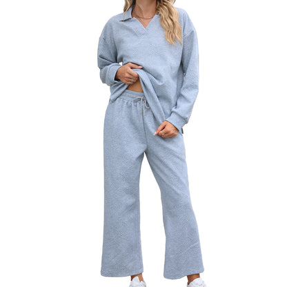 Solid Color Turn-down Collar Long Sleeve Hoodie with Elastic Waist Pants Set