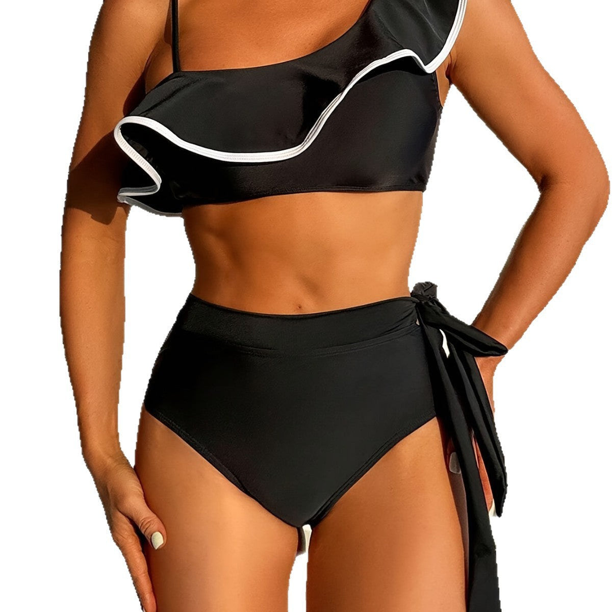 Bikini split swimsuit solid color black shoulder lotus leaf edge