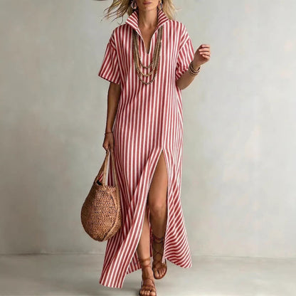 V-neck short sleeved striped split cotton linen dress