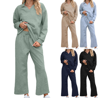 Solid Color Turn-down Collar Long Sleeve Hoodie with Elastic Waist Pants Set