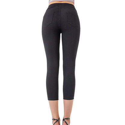 Denim-Look Capri Yoga Pants – Slim Fit High-Elastic Tummy Control Fitness Pants
