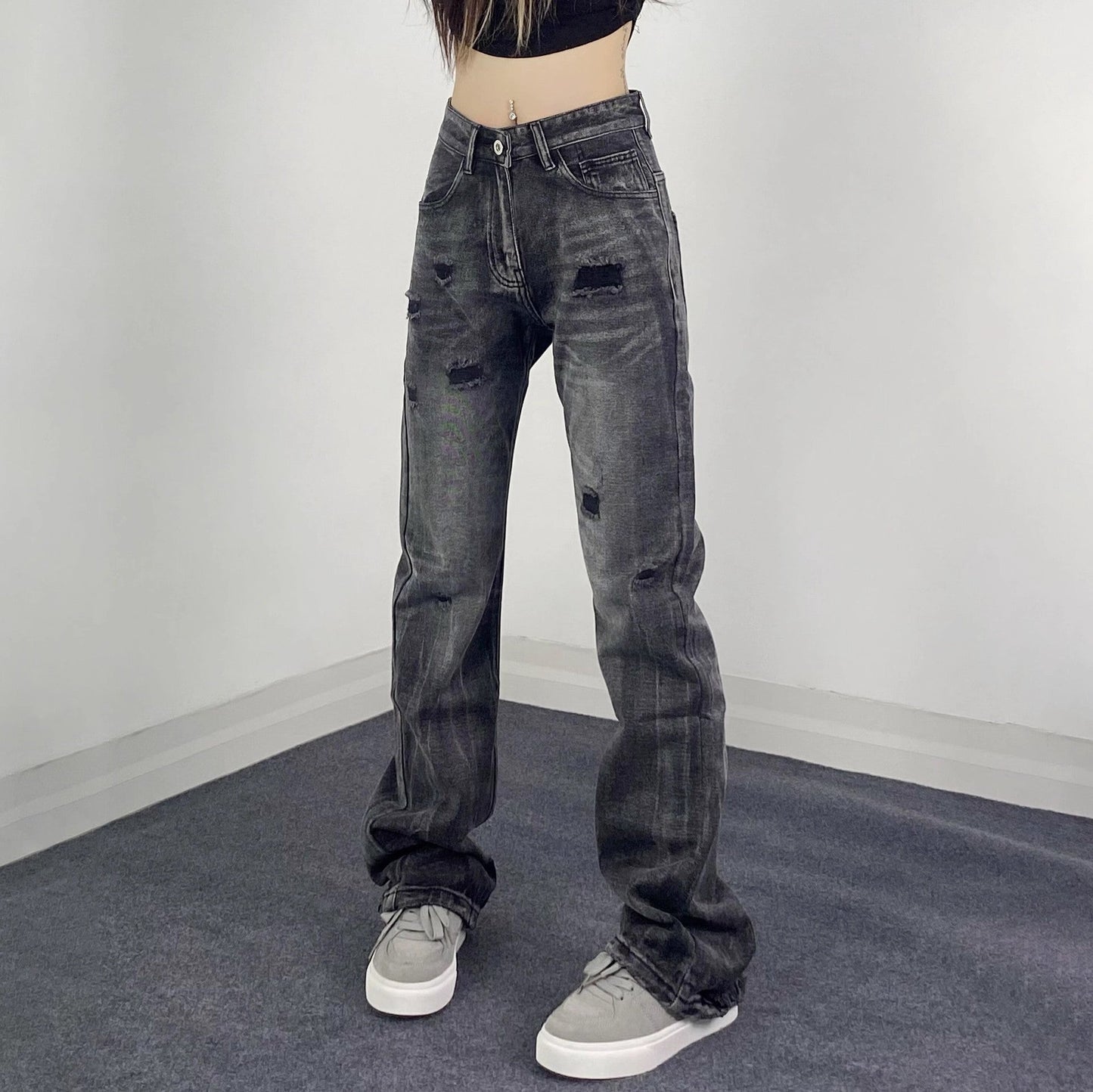 Street Style Retro Ripped Jeans for Women,INS Retro Fitted Slimming Flared Casual Pants