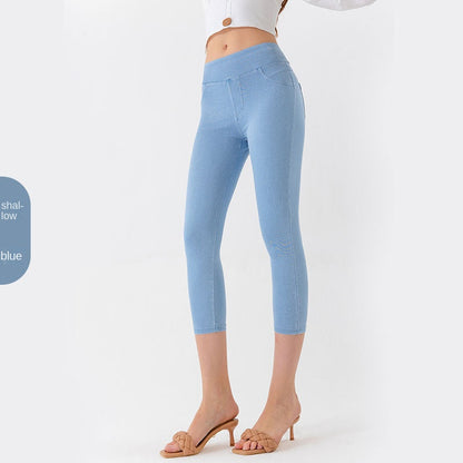 Denim-Look Capri Yoga Pants – Slim Fit High-Elastic Tummy Control Fitness Pants