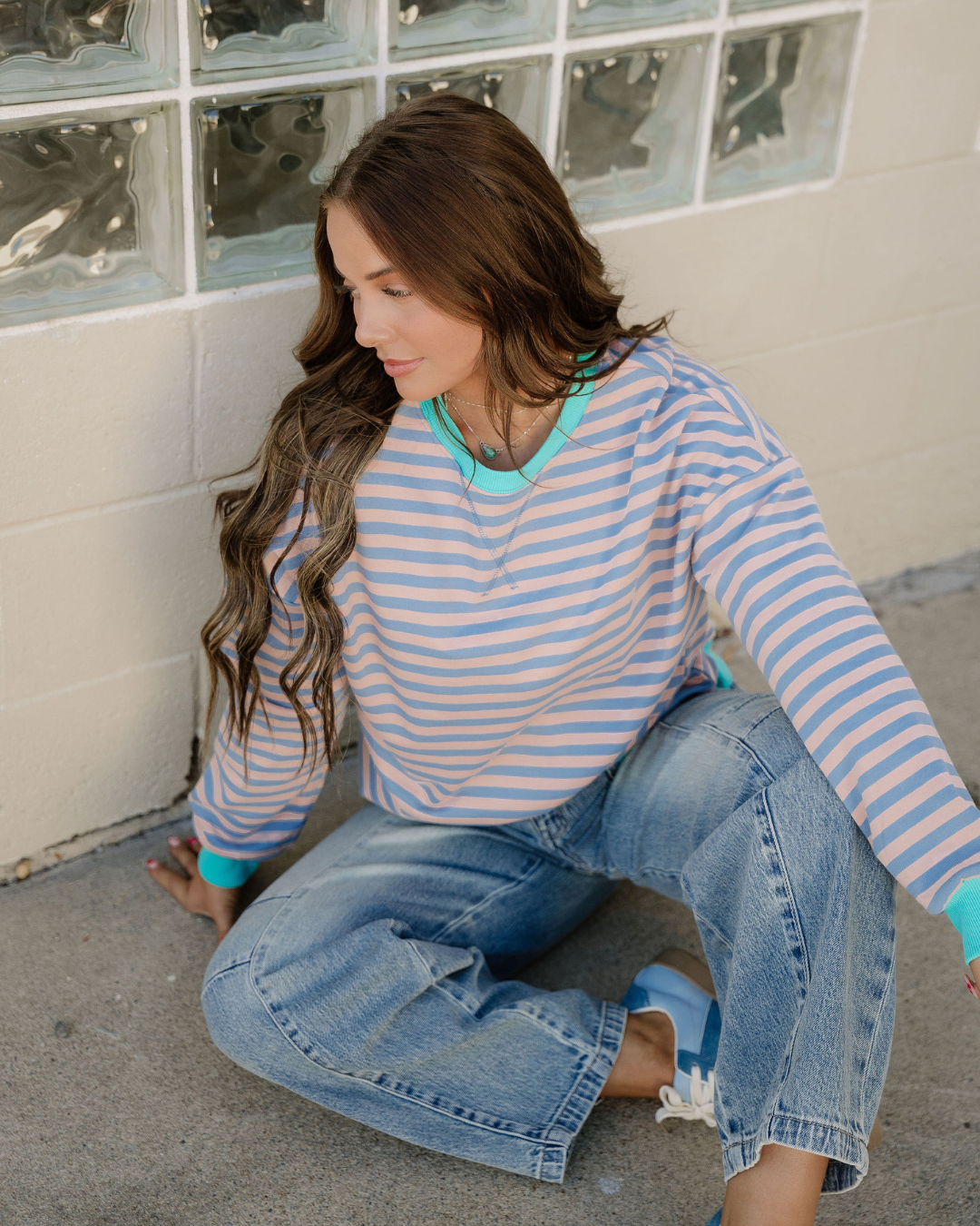 Baya Striped Contrast Trim Drop Shoulder Sweatshirt - Blue/Pink