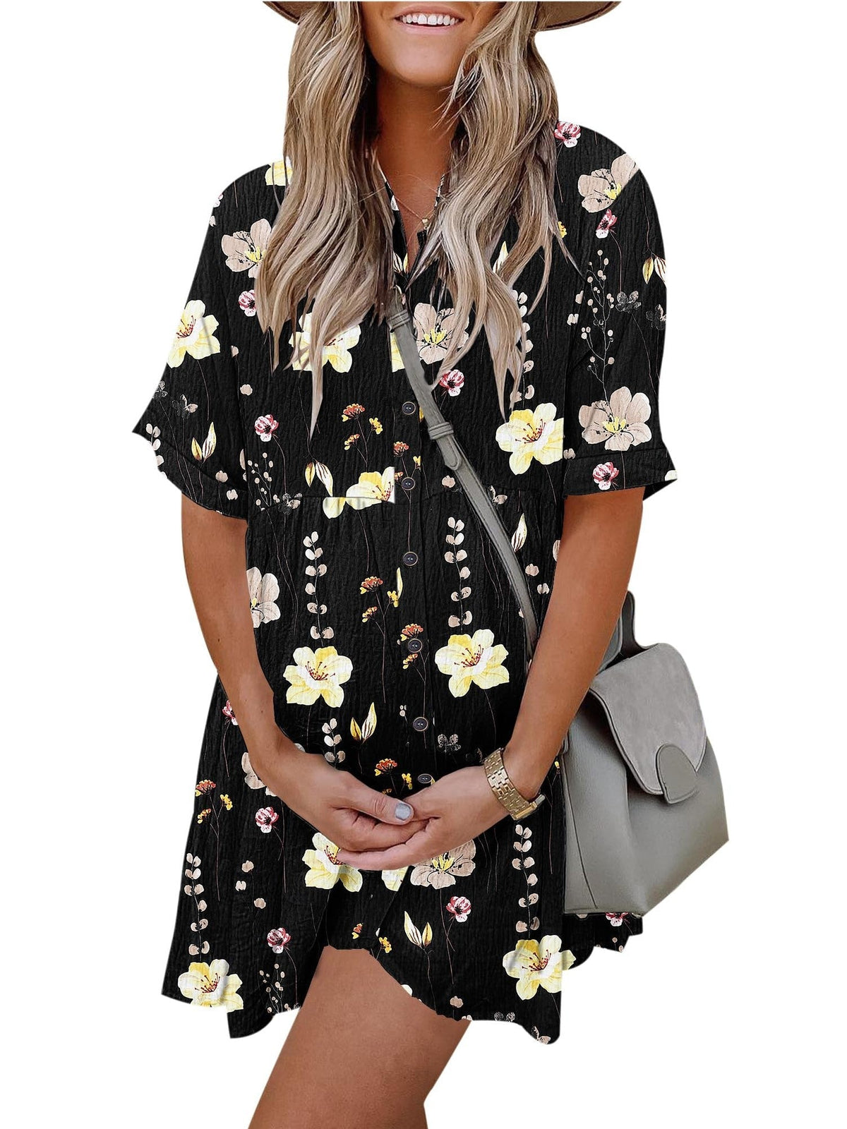 Women's Babydoll Button Down Mini Dress with Pockets