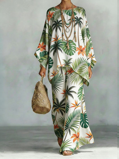 Floral Print Bamboo Linen Two-Piece Set | Wide-Leg Pants