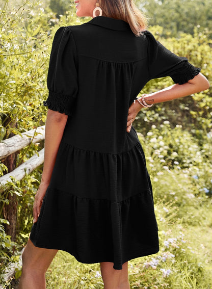 ✨Smocked Sleeve Tiered V-Neck Mini Dress