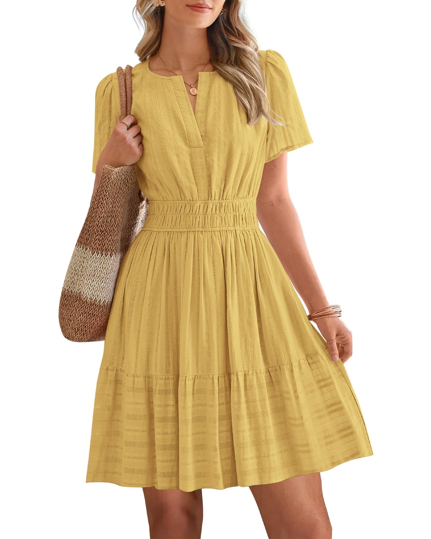 Women's V-Neck Elastic Waist Tiered Mini Dress