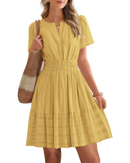 Women's V-Neck Elastic Waist Tiered Mini Dress