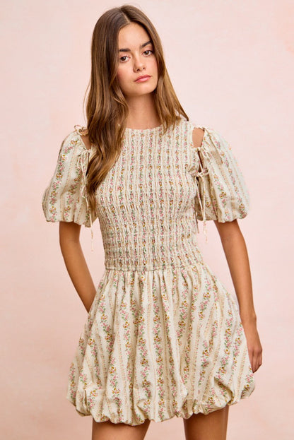 BiBi Floral Bow Tie Attachable Puff Sleeves Dress