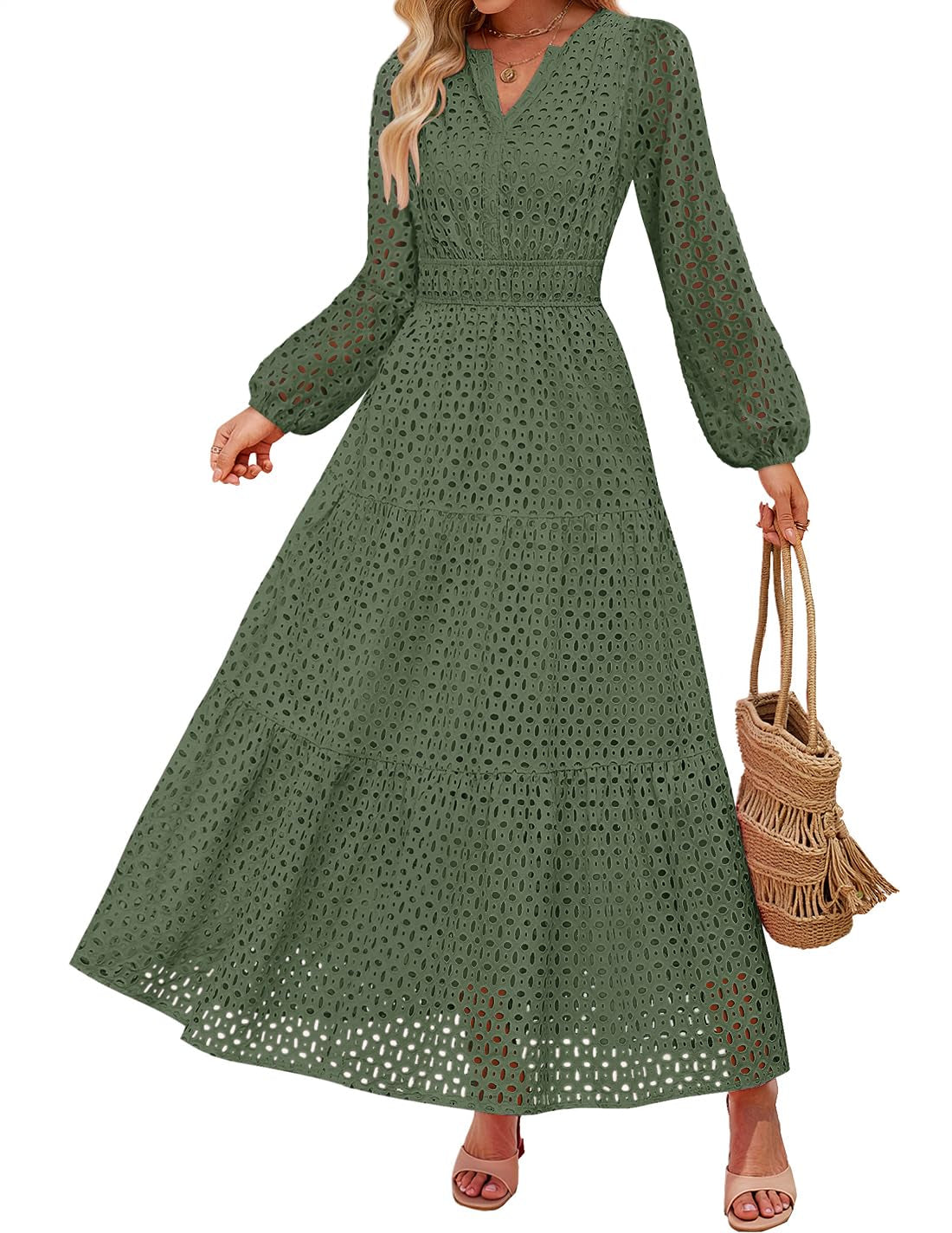 Women's 2026 V Neck Hollow Out Eyelet A Line Long Flowy Dresses