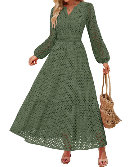 Women's 2026 V Neck Hollow Out Eyelet A Line Long Flowy Dresses