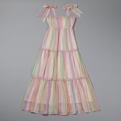 Colorful Stripes Tie Shoulder Maxi Dress