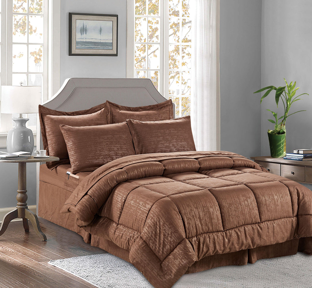 Elegant Comfort 8-Piece Bamboo Floral Pattern Comforter Set- Includes 4-Piece Sheet Set with Double Sided Storage Pockets