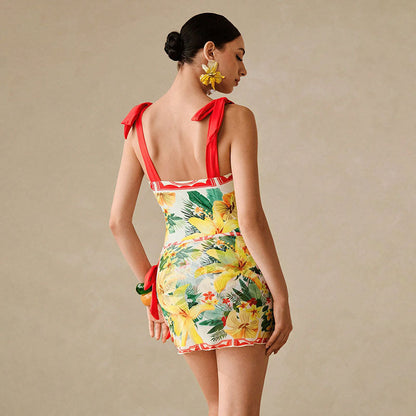 Linen Printed Halter One-Piece Swimsuit for Women