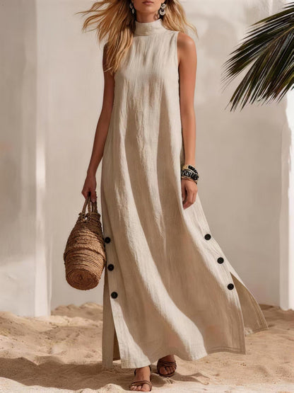 Cotton Linen Sleeveless Midi Dress – Side Slits & Loose Fit