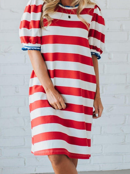 Womens Stripe Contrast Trim Dresses Casual Fashion Summer Shift Mini Dress Striped