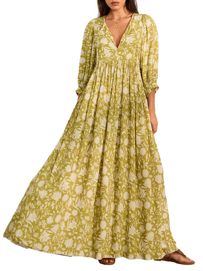 Women's Romantic Floral Lantern Sleeve Flowy Maxi Dress