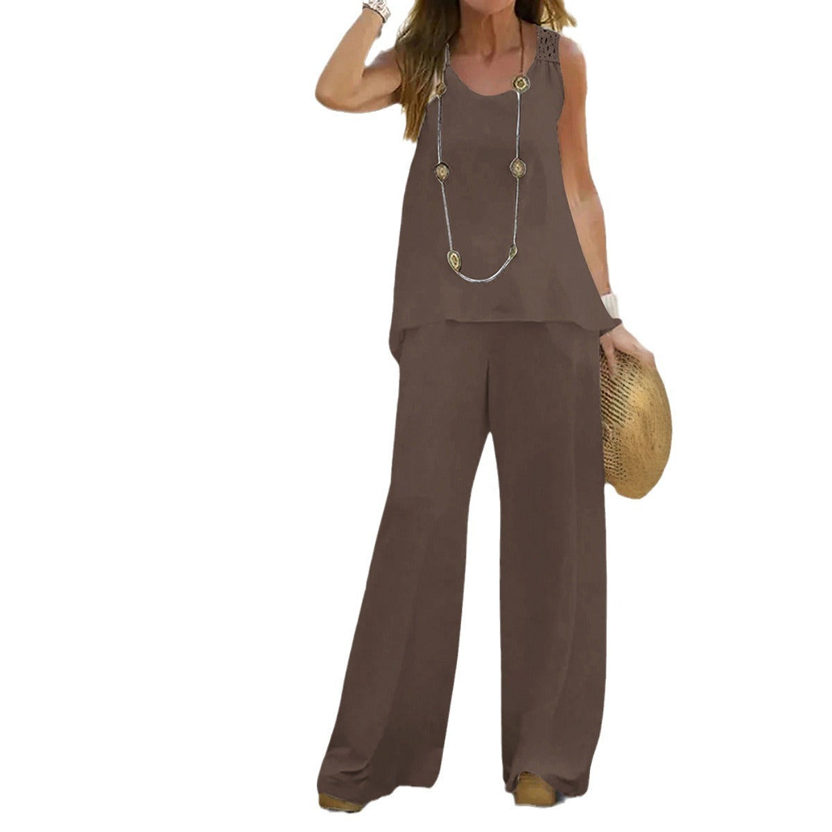 European and American Spring/Summer Casual Solid Color Vest and Pants Set