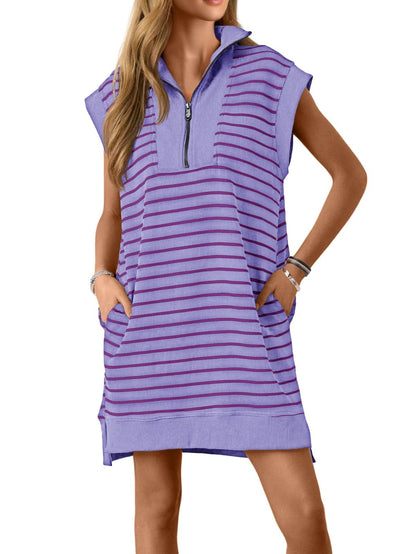 Women's Striped Casual Zipper Cap Sleeve Mini Dress