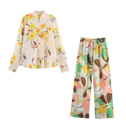 Linen flower shirt+straight trousers suit