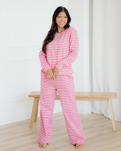 Amayah Stripe Drop Shoulder Round Neck Top and Buttoned Straight Pants Two Piece Set