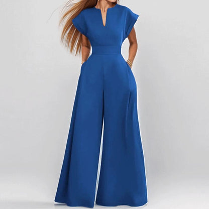 Women's V-Neck Cap Sleeve Wide Leg Jumpsuit