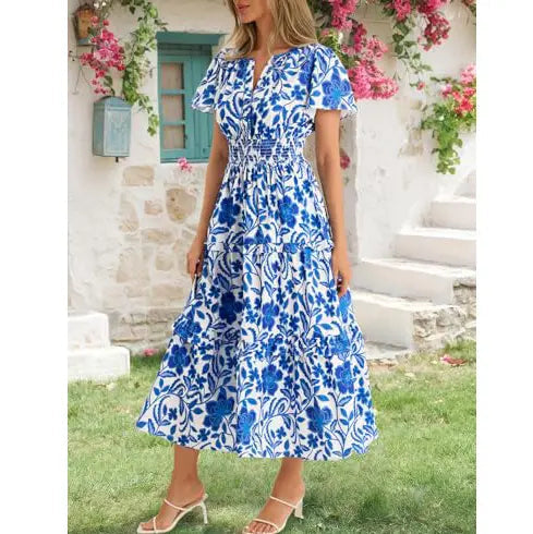 Women‘s Summer Short Sleeve Maxi Dresses Casual Floral