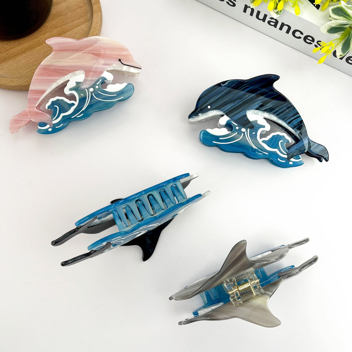 SSR Acetate Joyful Playful Jumping Dolphin & Waves Hair Claw Clip - Pink