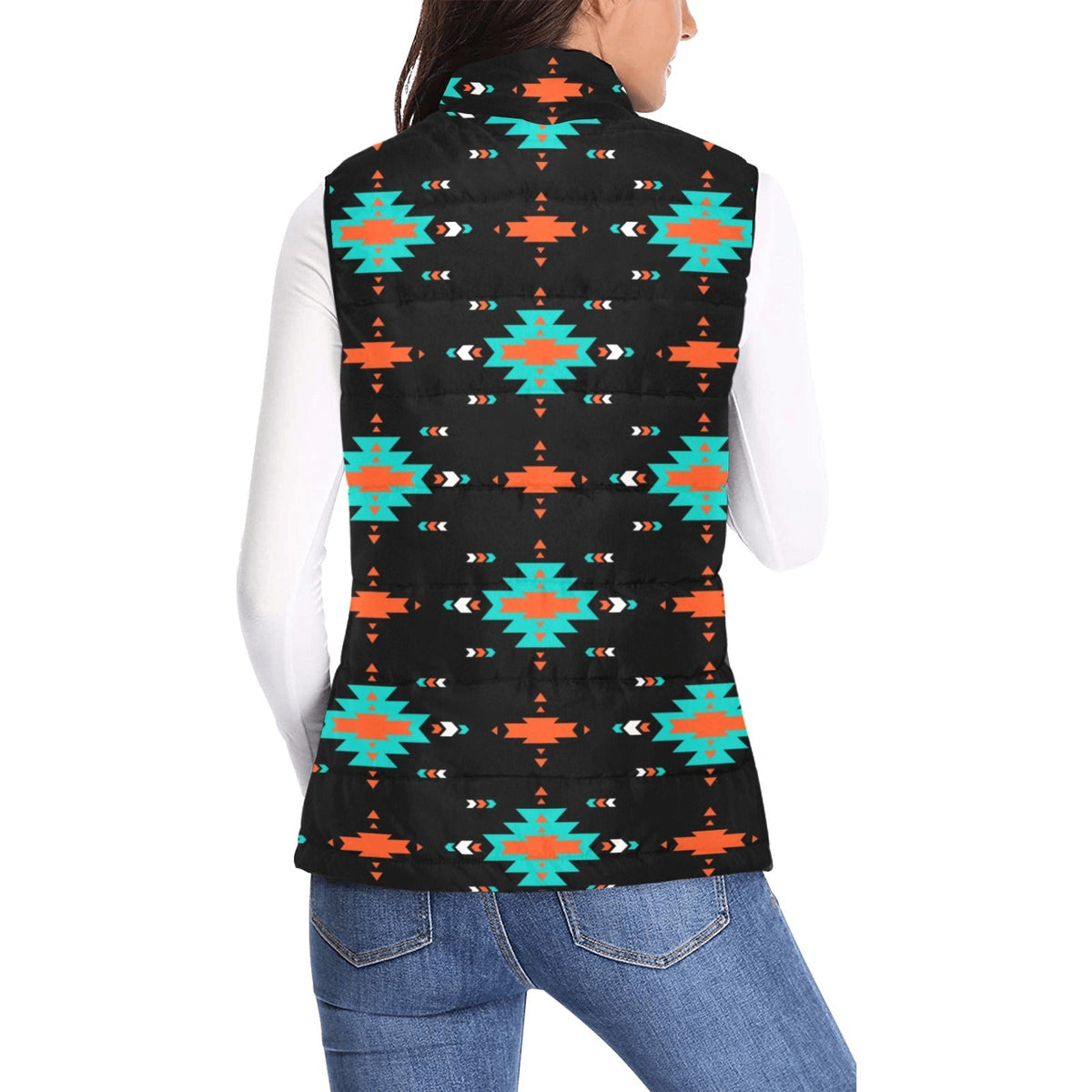 Baha Ranch Turquoise Orange Aztec Women's Western Puffy Vest