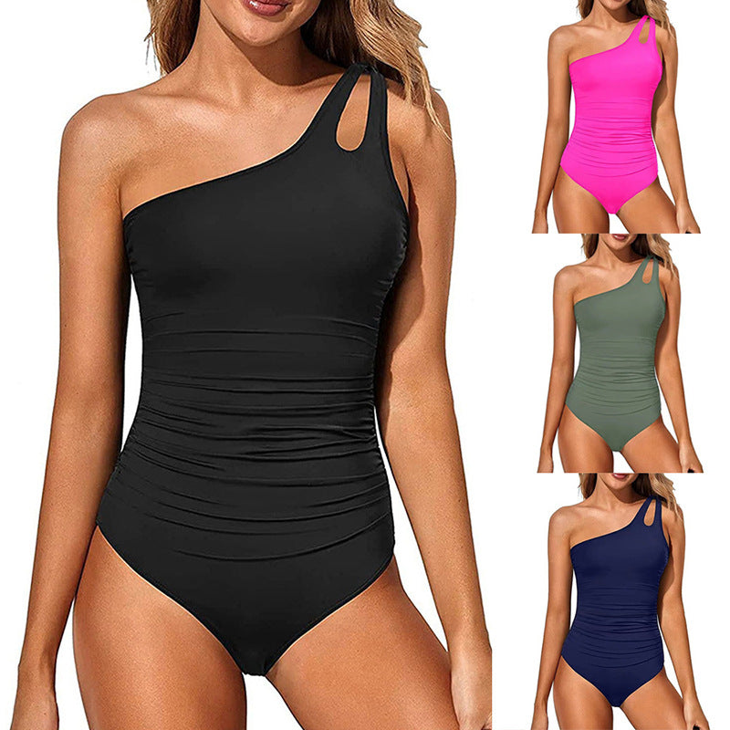 One-Piece Swimsuit for Women with Asymmetrical Shoulder Cutout Design for Hot Spring Wear