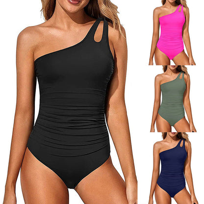One-Piece Swimsuit for Women with Asymmetrical Shoulder Cutout Design for Hot Spring Wear
